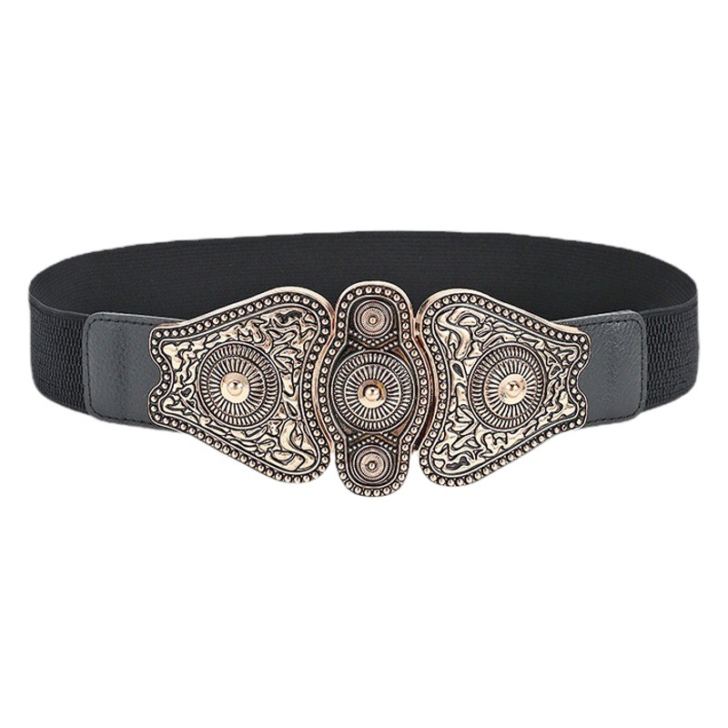 Cross-border Fashion Women's Wide Waist Cover Retro Palace Carved Buckle Combination Decorative Elastic Belt Spot