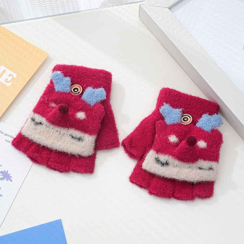 Picture of Children's flip gloves autumn and winter boys half finger warm cute Primary School students writing knitted dual-purpose gloves wholesale