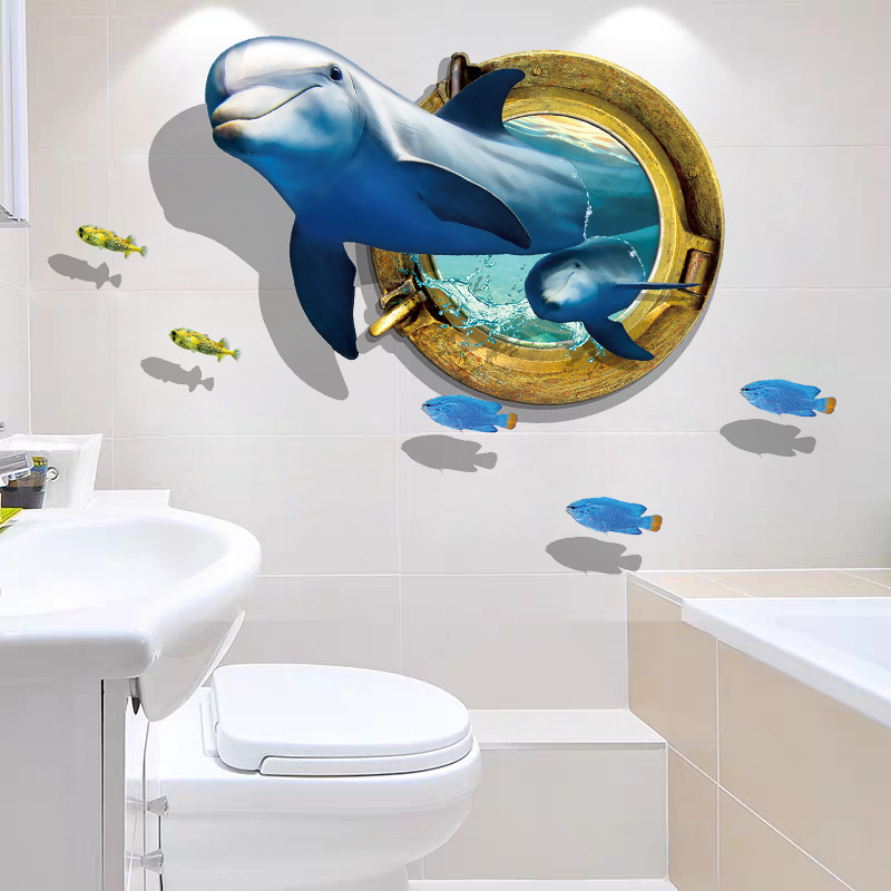 Artificial dolphin ocean fish wall sticker bedroom wall children's room bedside background 3D three-dimensional decorative painting wall
