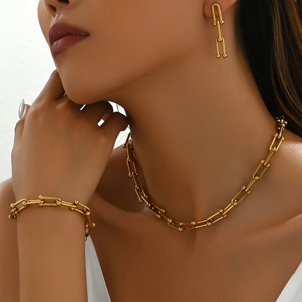 Cross-border European and American style ladies necklace earrings jewelry suit simple U-shaped horseshoe buckle stitching bracelet jewelry wholesale