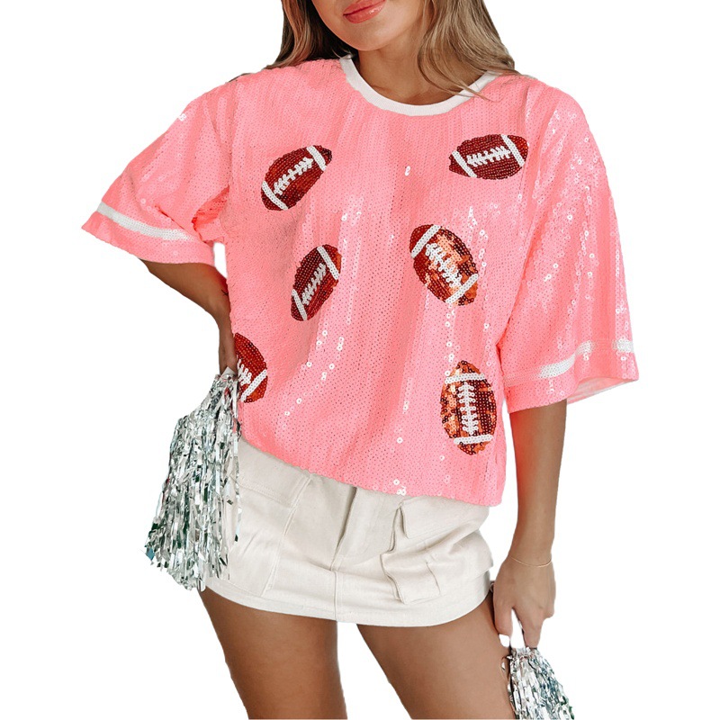 Women's Cross-border Ball Match New European and American Foreign Trade Sequin Top Rugby Casual Loose T-shirt Top 3603