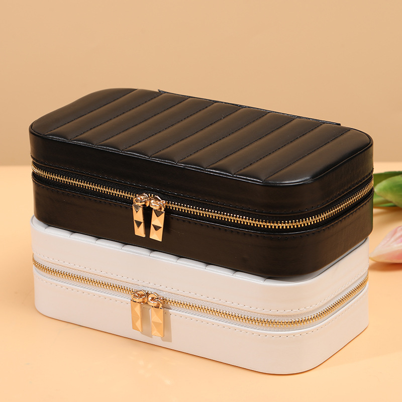 Picture of Striped Metal Zipper Jewelry Box with Mirror Jewelry Ring Necklace Storage Box Multifunctional Portable Jewelry Box