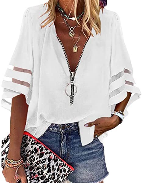 Picture of 2025 European and American Amazon New V-neck Zipper Shirt Half Horn Sleeve Mesh Stitching Loose Casual Shirt Women
