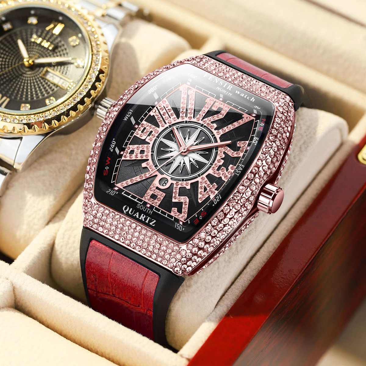 New Richard Barrel-Shaped Full Diamond Watch Fenshi Brand Fashion Men's Quartz Watch Trendy Cross-Border Foreign Trade Wholesale