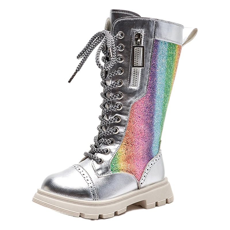 Girls' Boots 2025 Autumn and Winter New Children's High Boots Single Boots Little Girls Rainbow Martin Boots Colorful Boots