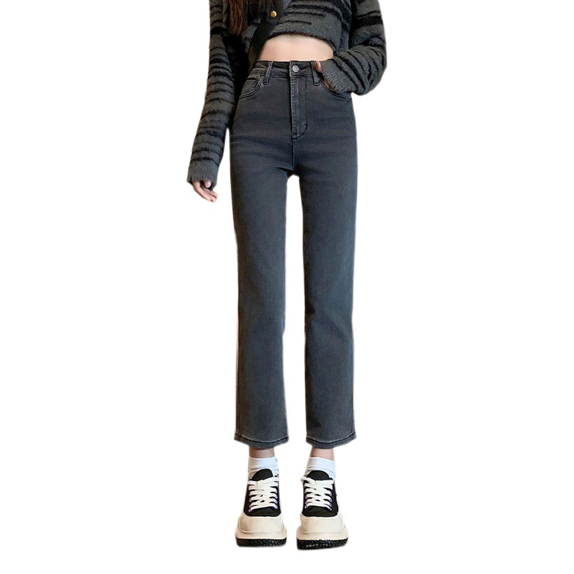 Black gray jeans women's net red autumn and winter stretch high waist straight pants all-match slim fit cropped smoke tube French stick pants