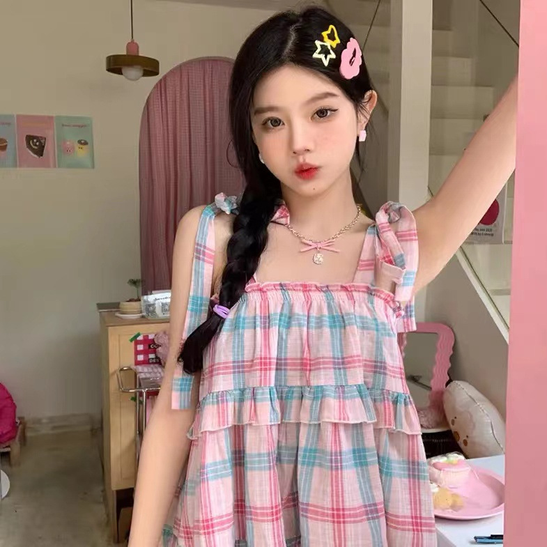 Dopamine Foreign Style Plaid Sleeveless Outer Wear Small Sling Women's Summer Sweet Spice Girl Wear Strap Vest Short Top