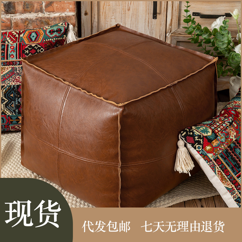 Light Luxury Leather Ottoman Tatami Floor Cushion for Living Room Home Use, Creative Oil Wax Leather Futon Cushion, Bay Window Cushion