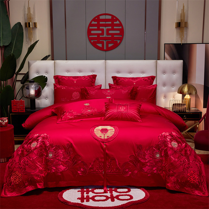 Picture of Advanced Sense Simple Red Wedding Four-piece Set Cotton Embroidered Wedding Quilt Cover Cotton Wedding Bedding for Wedding Room