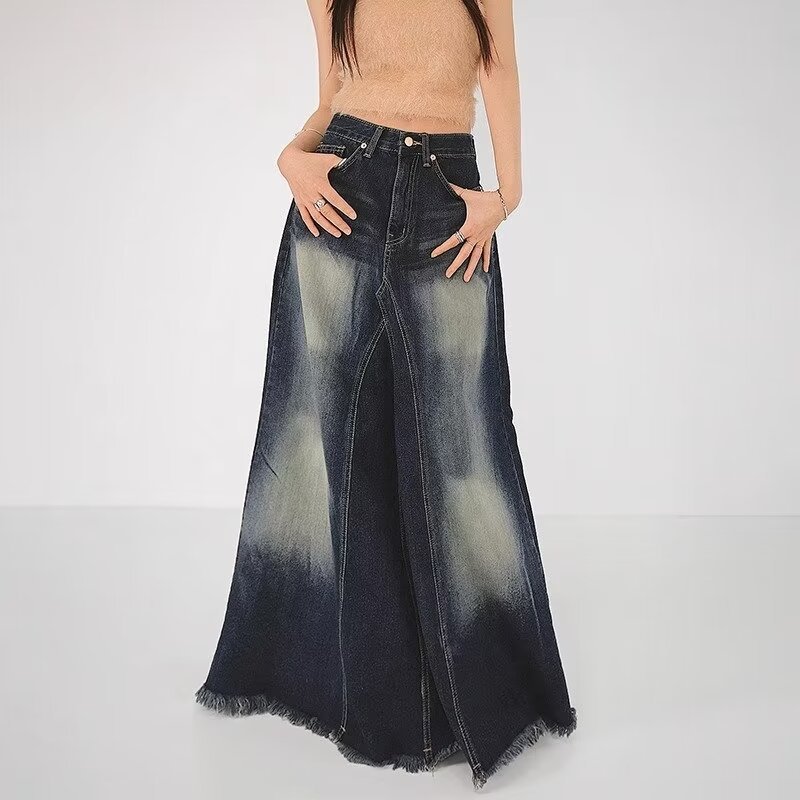 Vintage Washed Stitching Denim Skirt Women's Spice Girls Slim Look Straight Tube Dosing A- Character Rave Long Skirt Ins Trendy