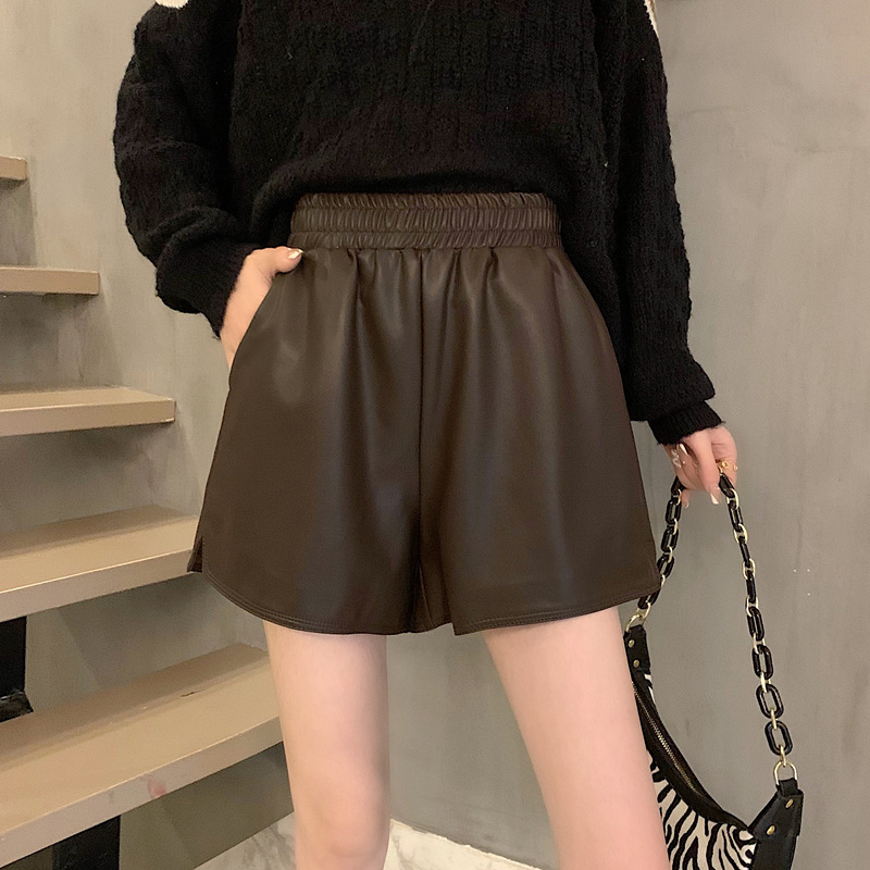 Shorts PU leather women's 2023 autumn and winter New plus size loose wide leg slimming high waist fashion outerwear bottoming boot pants