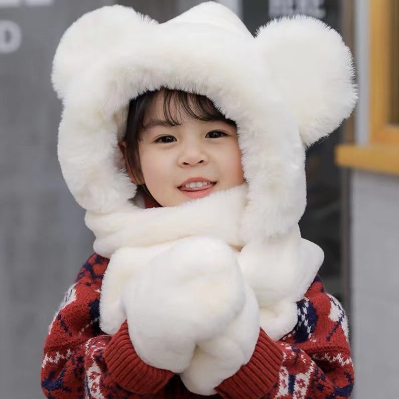 Picture of Children's hat winter boys and girls fleece-lined bear cute ear cap scarf gloves one-piece thick warm three-piece set