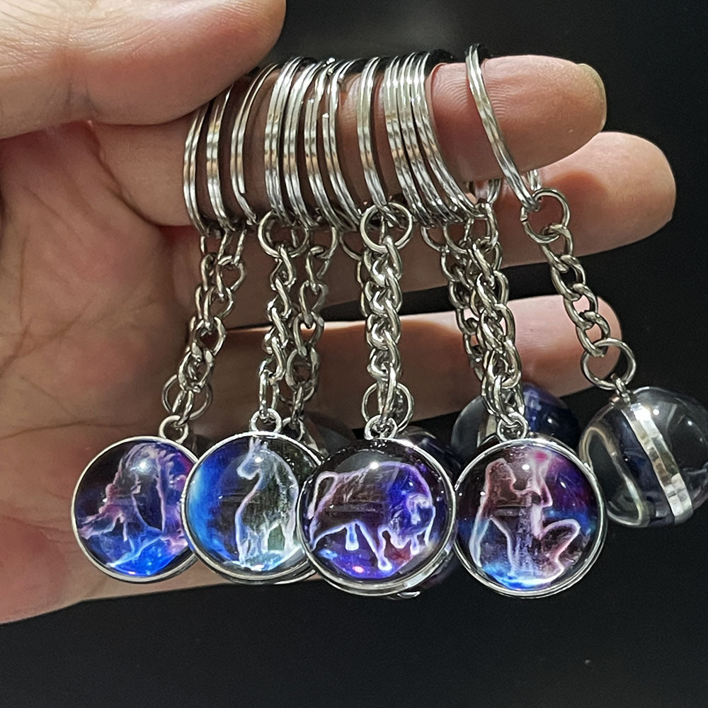 Amazon hot-selling fantasy twelve constellations luminous double-sided glass ball key chain key chain pendant Accessories Wholesale