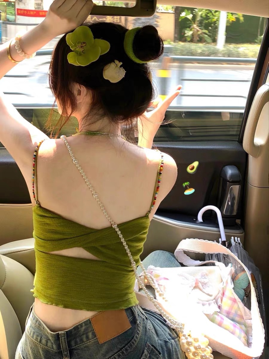 Beautiful Dopamine Thai Style Small Sling Beautiful Back Vest Women's Summer Outer Wear Sleeveless Short Sweet and Hot Small Top with Chest Pad