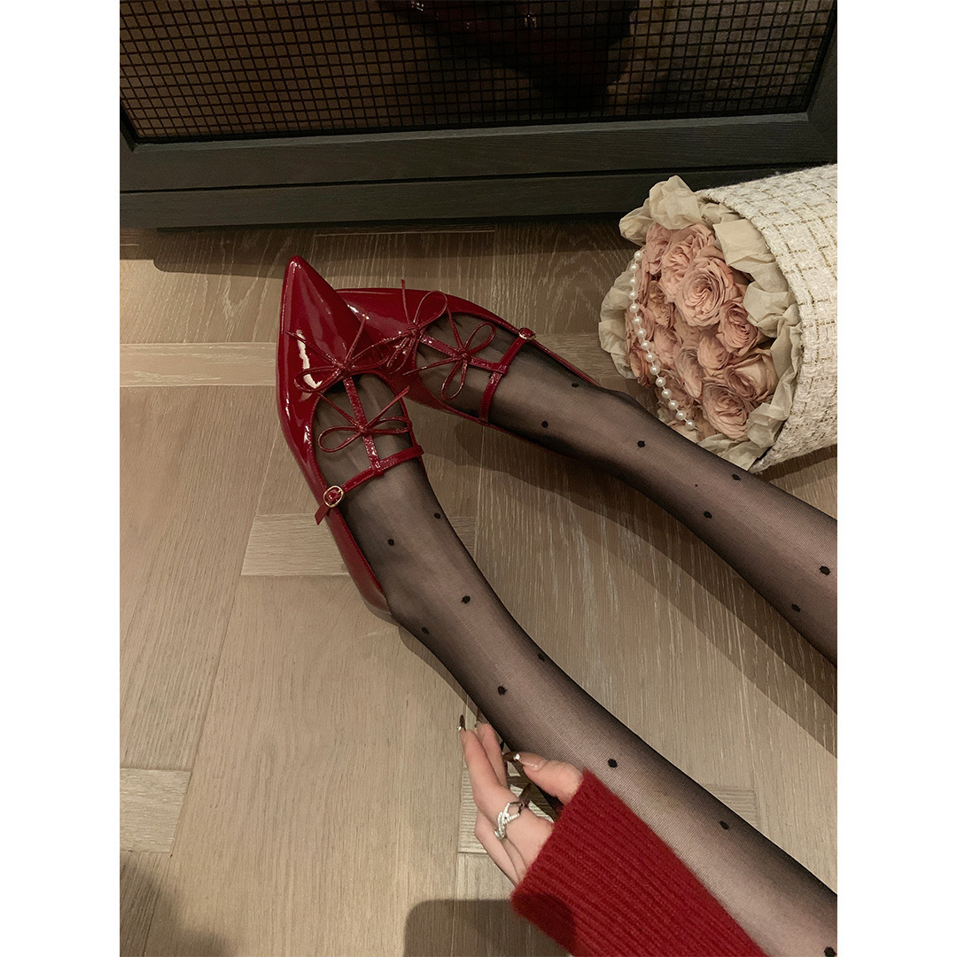 Picture of Sheepskin ~ Chaohui style Hepburn evening event pointed bow shallow flat Mary Jane shoes women's flats and banquet shoes