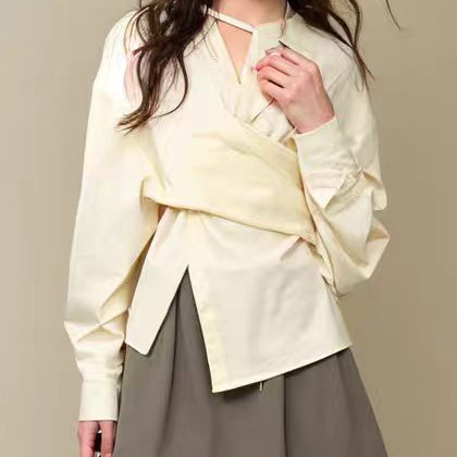 Irregular V Neck Silhouette Shirt for Women 2025 Spring New Style Cross Strap Design Loose Fashionable Top