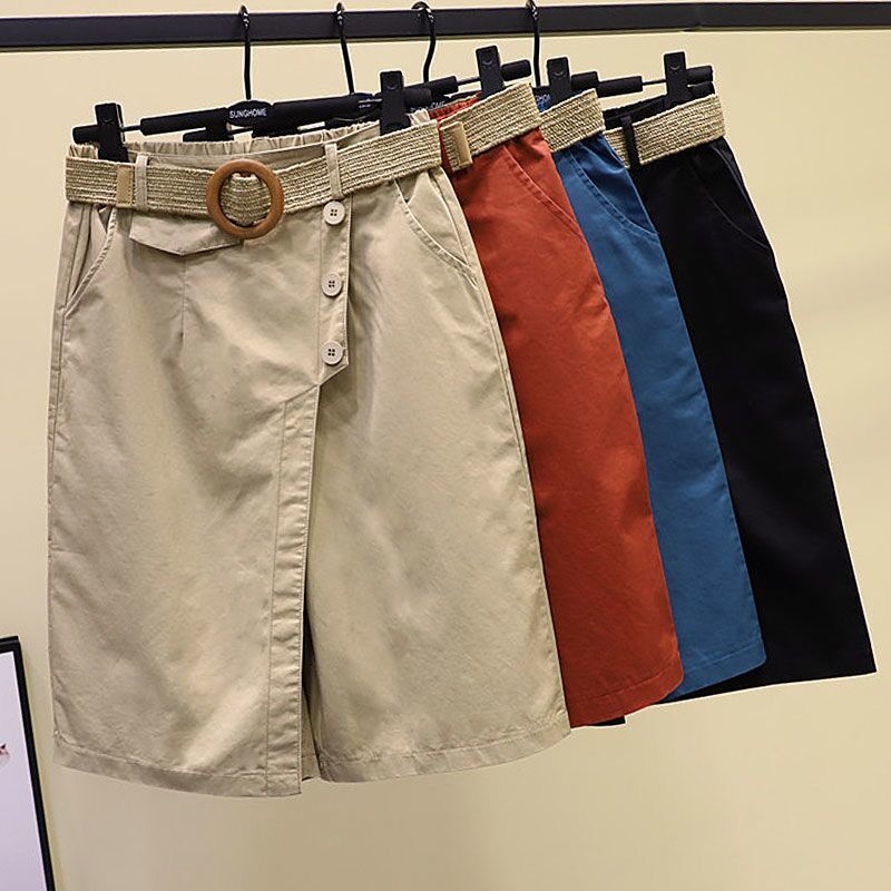 2025 Summer Straight-Leg Five-Point Pants Skirt Korean Style Fashion Casual Elastic Waist Wide-Leg Pants High-Waisted Skirt Pants Slimming