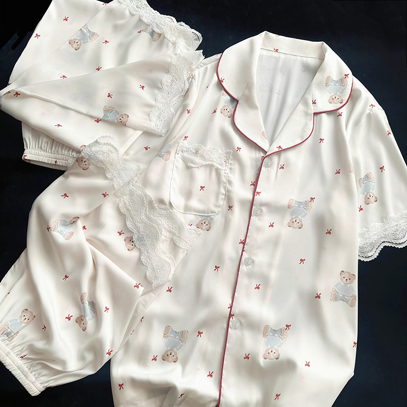 Cross-border spring and summer new cute bear printed lace pajamas women's three-piece short-sleeved home clothing wholesale