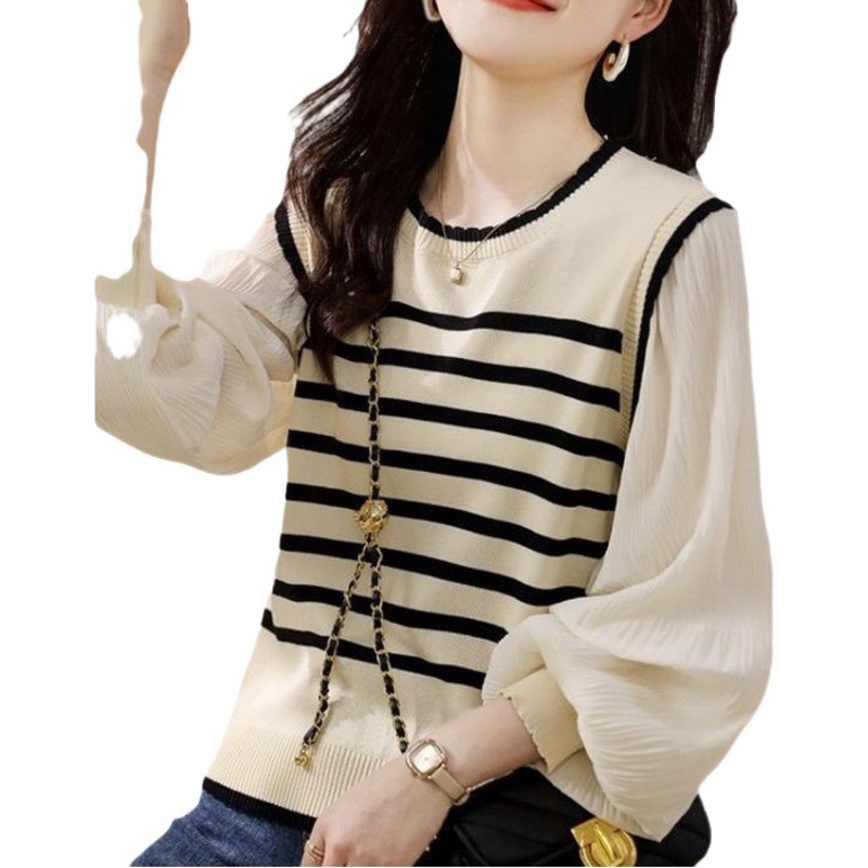 High-quality stitching lace collar sweater spring and autumn striped lantern sleeve top commuter versatile women's sweater fashion