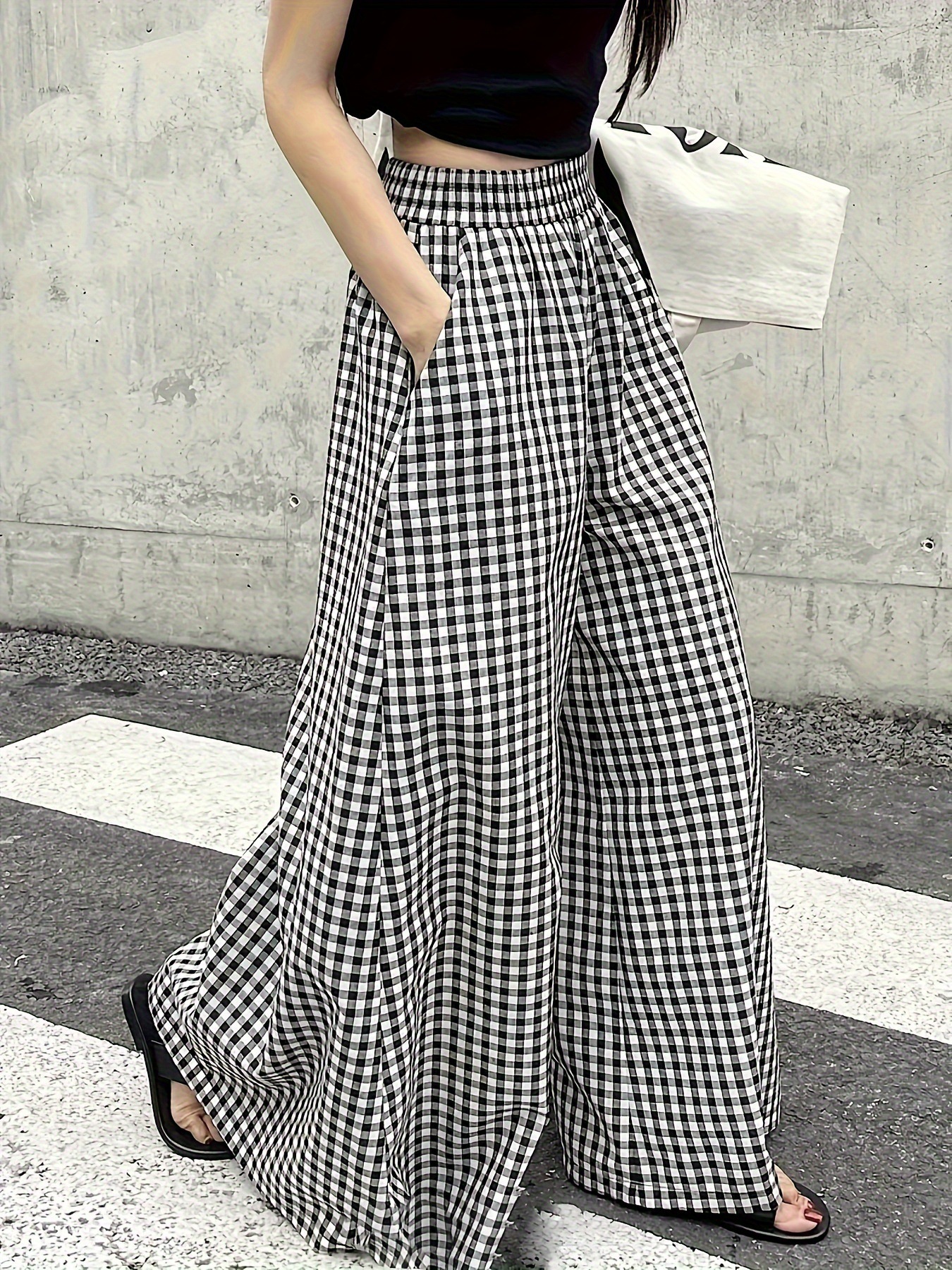 2024 Black Plaid Pants Women's New High Waist Slim Walking Yamamoto Pants Small Casual Wide Leg Pants Trousers