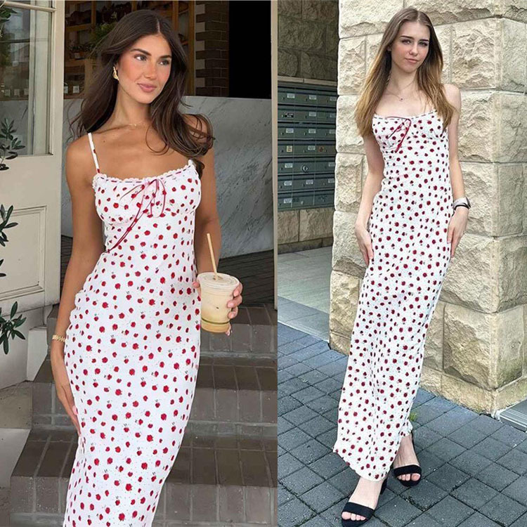 European and American Women's Clothing 2025 Spring and Summer New Sweet Style Small Floral Suspender Long Skirt French Lace Splicing Dress for Women