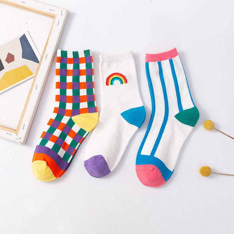 Socks Women's Plaid Rainbow Striped Trendy Socks Irregular Ins Mid-Socks Autumn and Winter Four Seasons Street Casual Cotton Socks