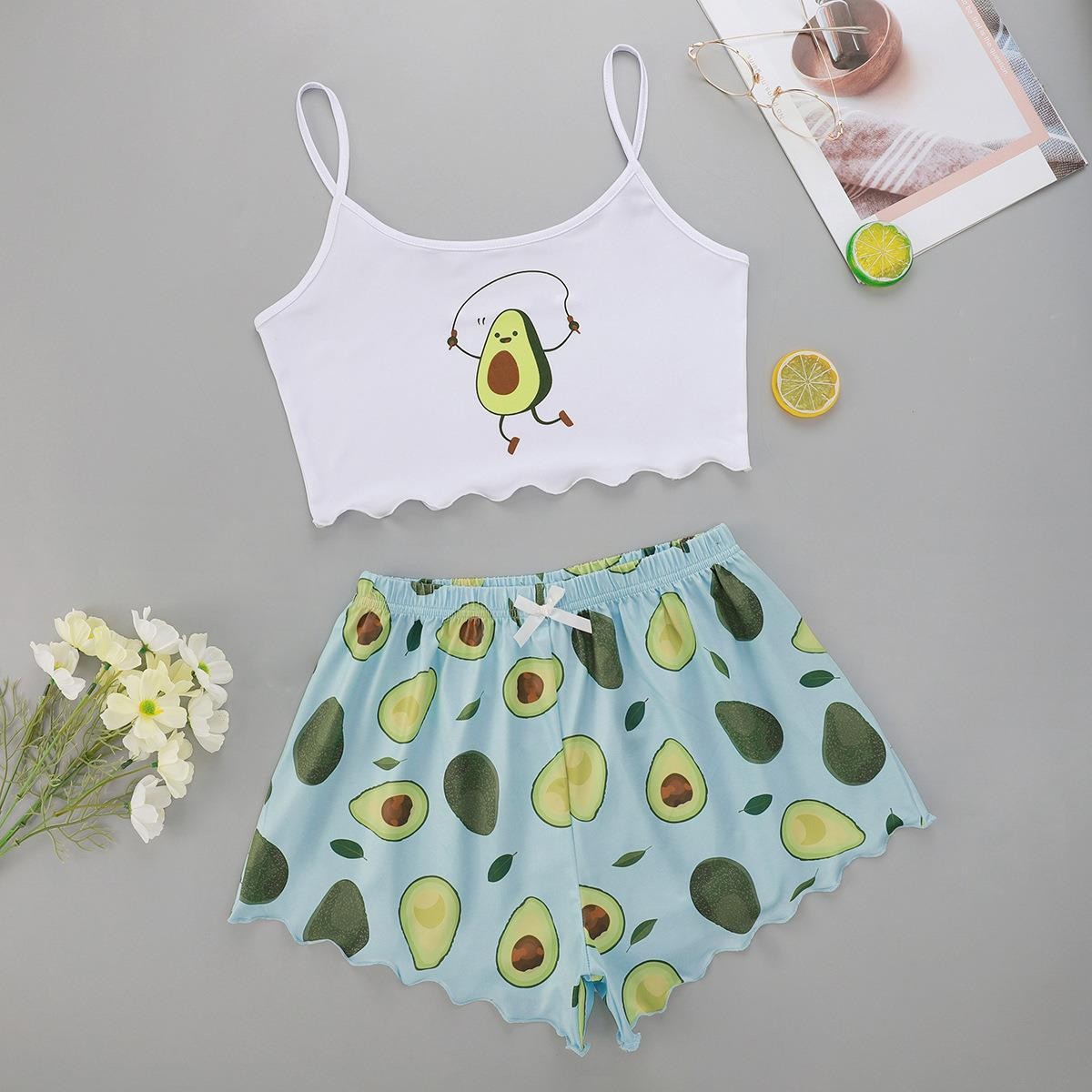 AliExpress new printed sling two-piece set sexy lingerie women's home Wear factory straight hair summer two-piece set