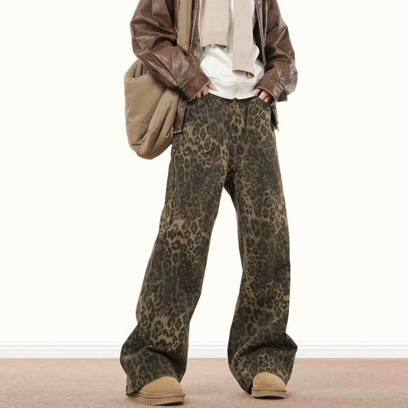 Cross-Border 2023 American Retro Niche Leopard Print Jeans for Men and Women, Loose Trendy Hip-Hop Street Dance Straight-Leg Fashion