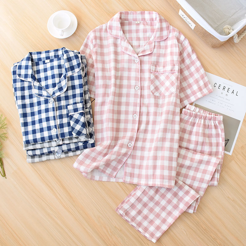 Pajamas women's cotton double-layer gauze thin short-sleeved pants suit summer lovers Japanese Plaid home clothes wholesale