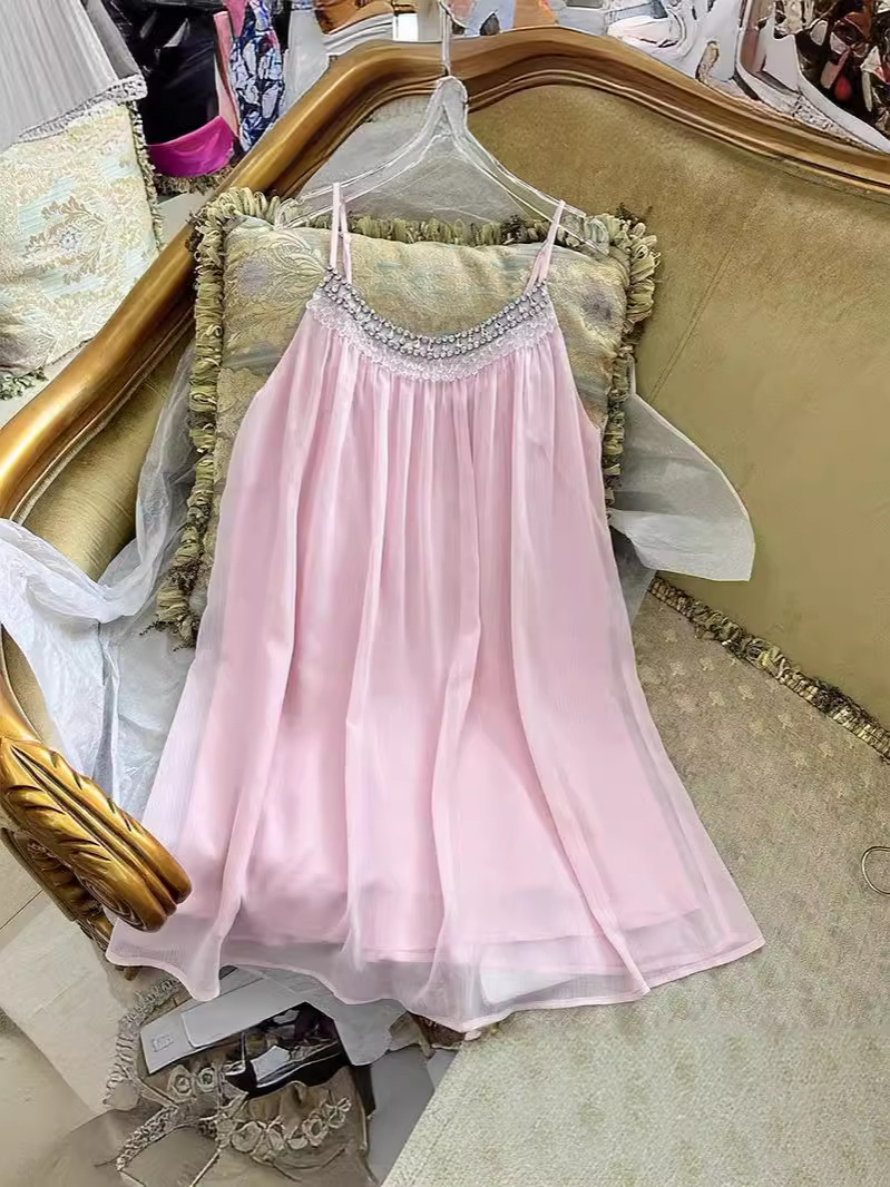 Super Fairy-Like and Elegant Pink Strap Dress with Beaded and Rhinestone Embellishments, Sweet Princess Dress, Loose and Figure-Flattering Summer Dress