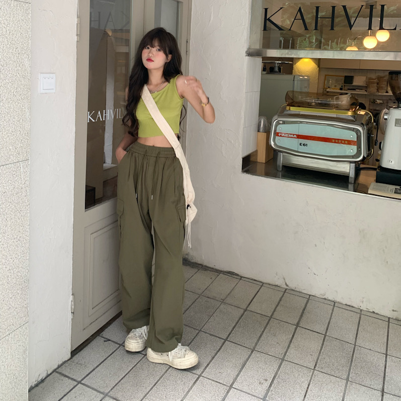 Cotton Tooling Wide Leg Pants Women's Spring Autumn and Summer Korean Style Retro High Waist Slimming Straight Leg Pants Loose Small Casual Pants