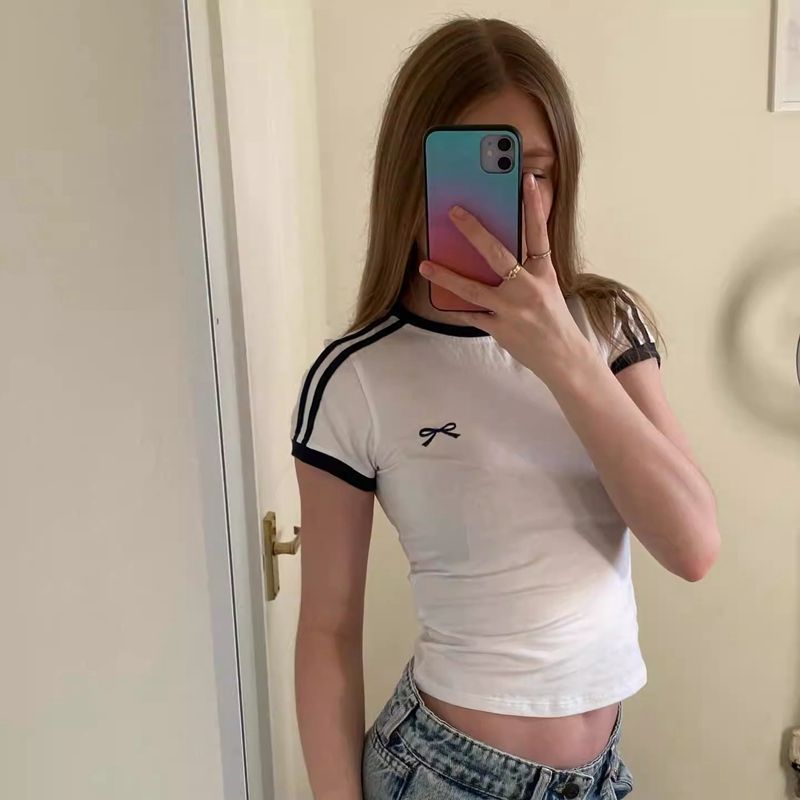 [210g 40 Count Pure Cotton] Bow Embroidered Short-Sleeved T-Shirt for Women with Contrasting Color Round Neck Slim Top White