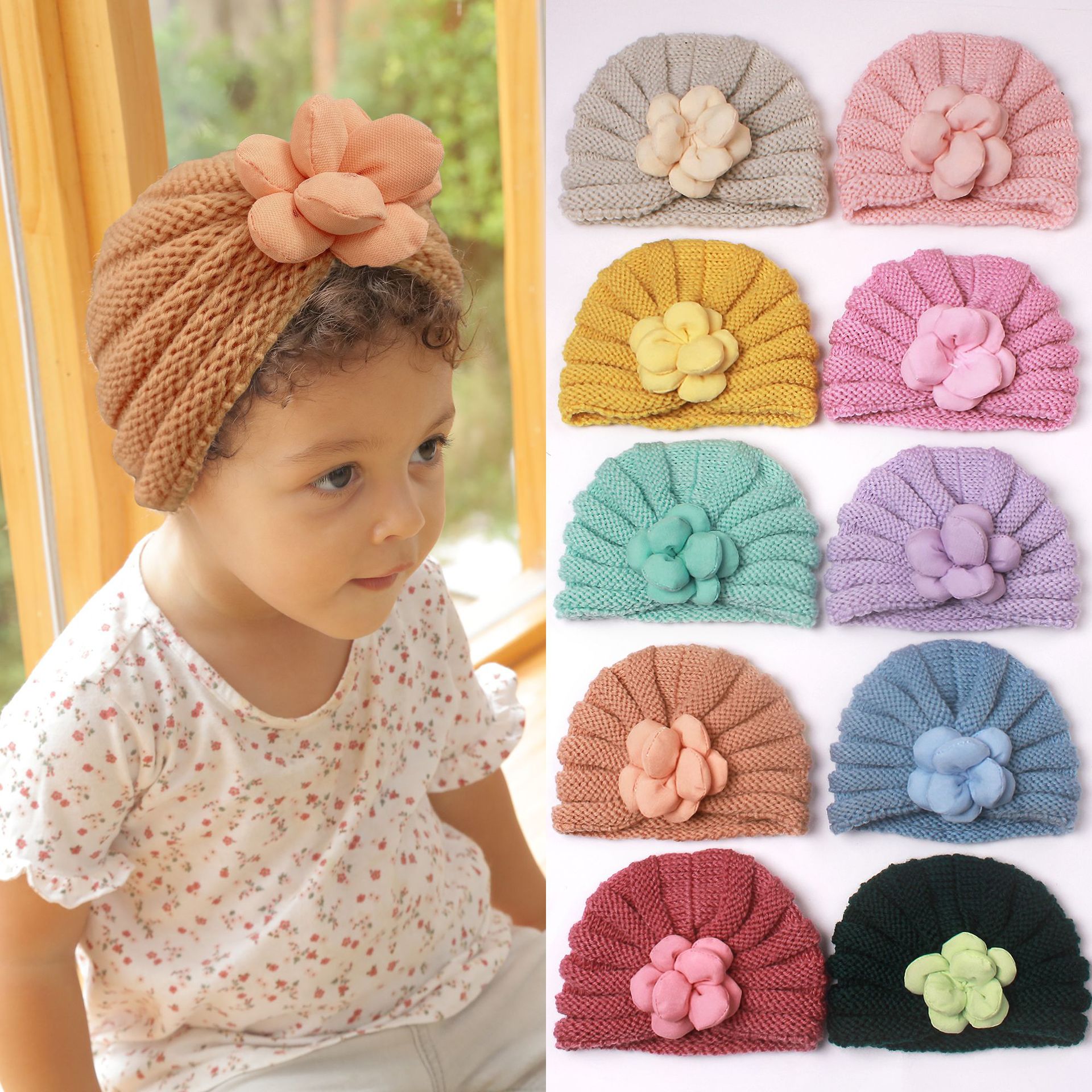 Picture of European and American autumn and winter New Baby fetal hat cute baby three-dimensional flower knitted hat children warm hat