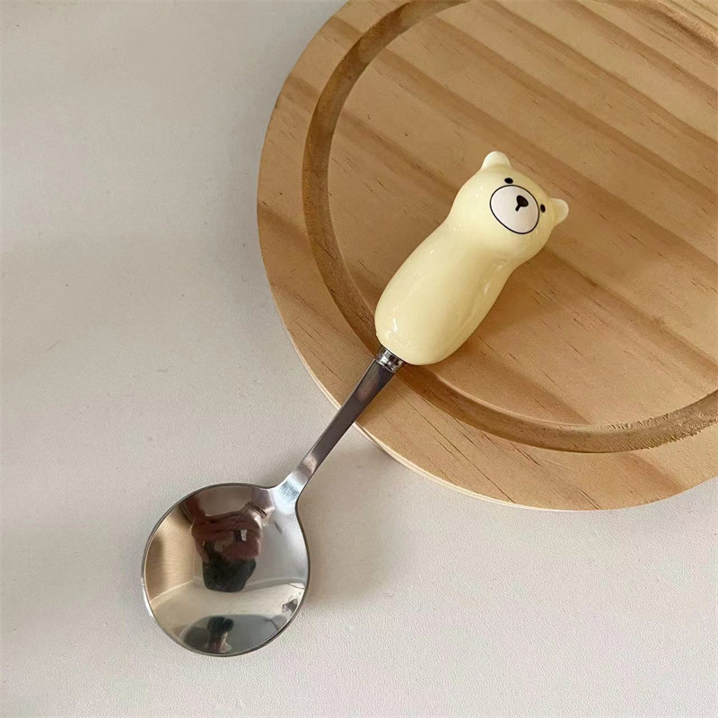 Picture of Ceramic Handle Cute Cartoon Skin Spoon Chopsticks suit Portable Tableware Cartoon Spoon Fork for Students