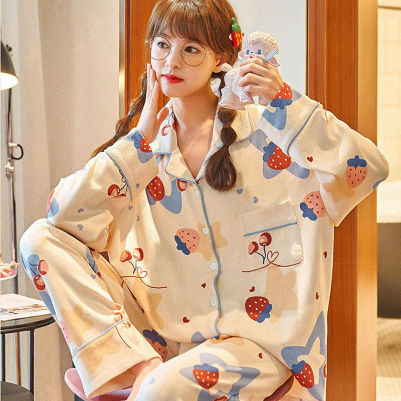 Spring and Autumn 2025 Pajamas Women's Cute Cardigan Long Sleeve Sweet Printed Cherry Casual Girl's Home Clothes suit