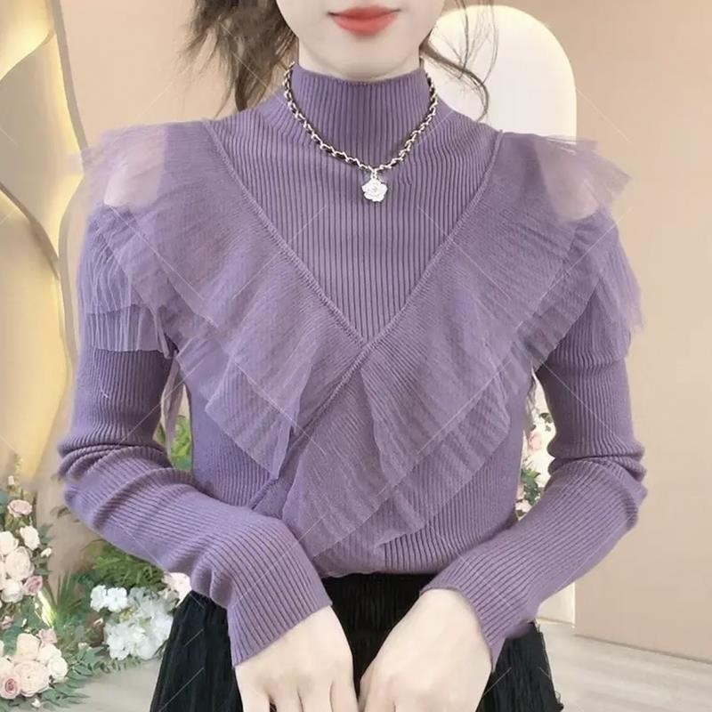 2022 Autumn and Winter New Knitwear Long Sleeve Mock High Collar Base Shirt Slim-fit All-match Mesh Stitching Sweater Women's Top