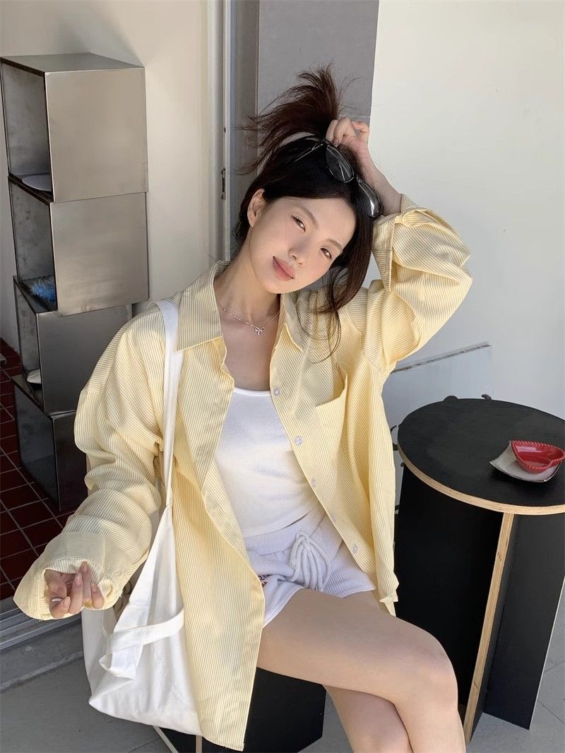 Vintage Yellow Pinstripe Shirt Women's Spring Long-sleeved Sunscreen Shirt Loose Slimming Mid-length Top