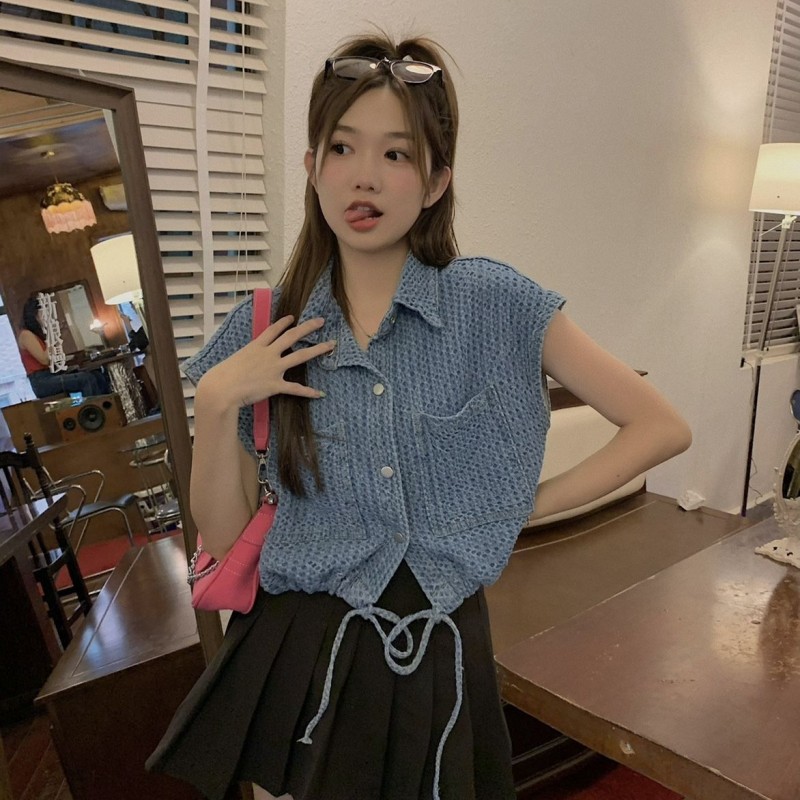 2025 New Women's Summer Student Small Retro Denim Vest Loose Drawstring Waist Vest Top