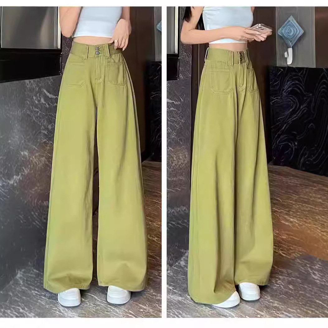 Dopamine Casual Wide Leg Jeans Women's Autumn Hip Covering High Waist Loose Aocado Green Straight Trousers