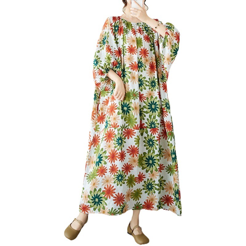 Women's Large Size Artistic Cotton and Linen Printed Long Dress 2023 Summer and Autumn New Elegant Loose Flesh-Covering Slimming Dress