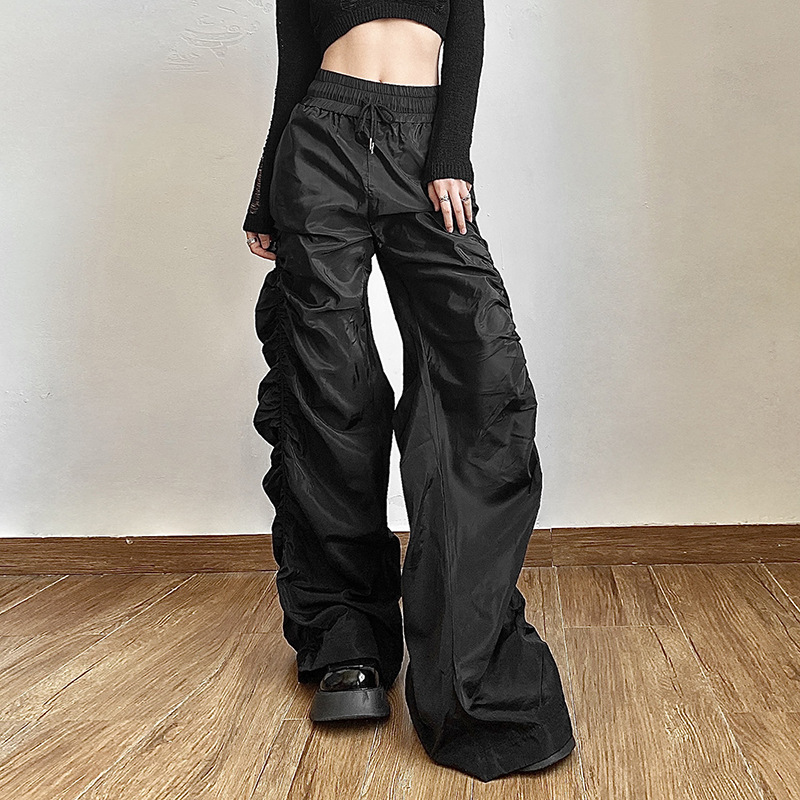American Style Design Sense Pleated Quick-drying Trousers for Women's Street Dance High Waist Loose Leg Showing Casual Pants Dance Sports Pants