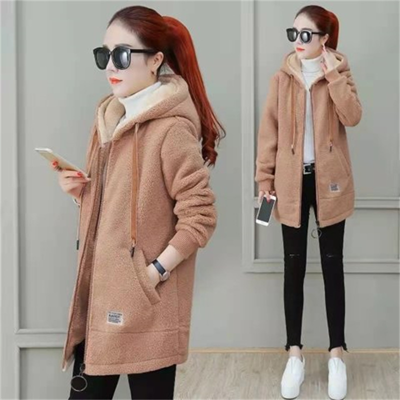 Picture of Embroidered Letter Fleece-lined Thickened Lamb Wool Women's Fleece Sweater Korean Elegant Casual Women's Mid-length Hooded Top