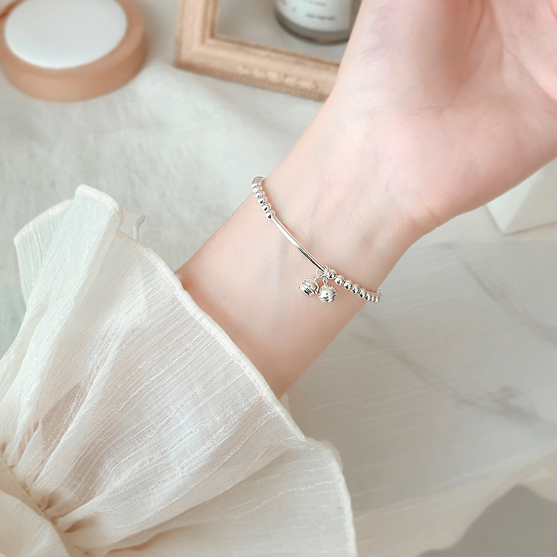 Free Small Bell 925 Silver-Plated Bracelet for Women Ins Niche Design Simple Student Cute Silver Beads for Girls