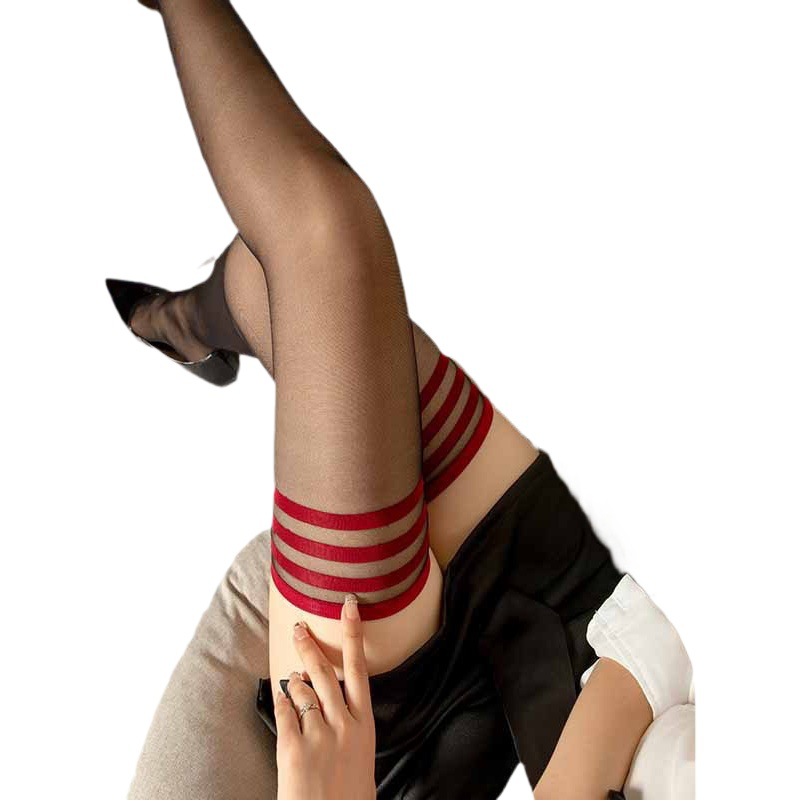 FEELIB Lace Red Edge Sweet Long Stockings 0D Thin Fun Summer Contrast Color Striped High Knee Socks