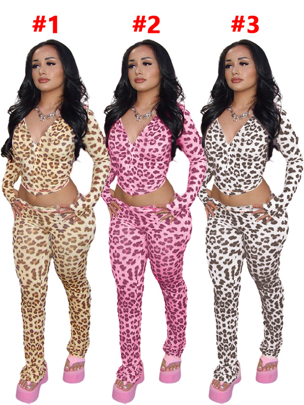 D9718 Hot European and American Women's Autumn New Fashion Zipper Hooded Cardigan Leopard Print Pants suit