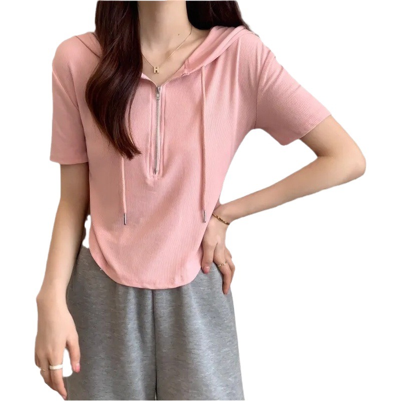 Zipper Hooded Short-sleeved T-shirt Women's 2024 Early Spring New Korean Slim-fit Sweat Design Sense Short Top