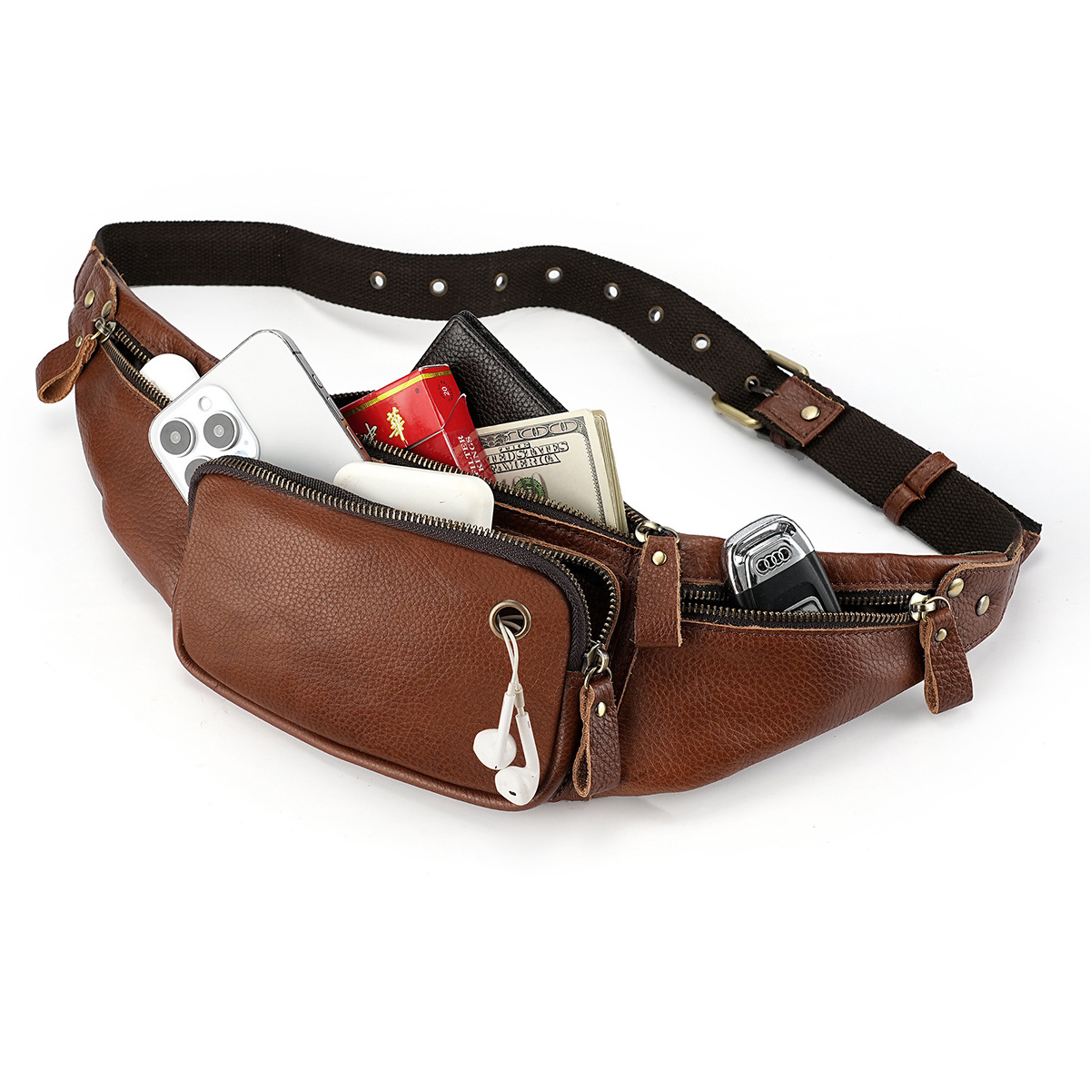 Amazon New Waist Bag Top Layer Cowhide Outdoor Sports Mobile Phone Bag Booth Collection Wallet Crossbody Chest Bag Leather