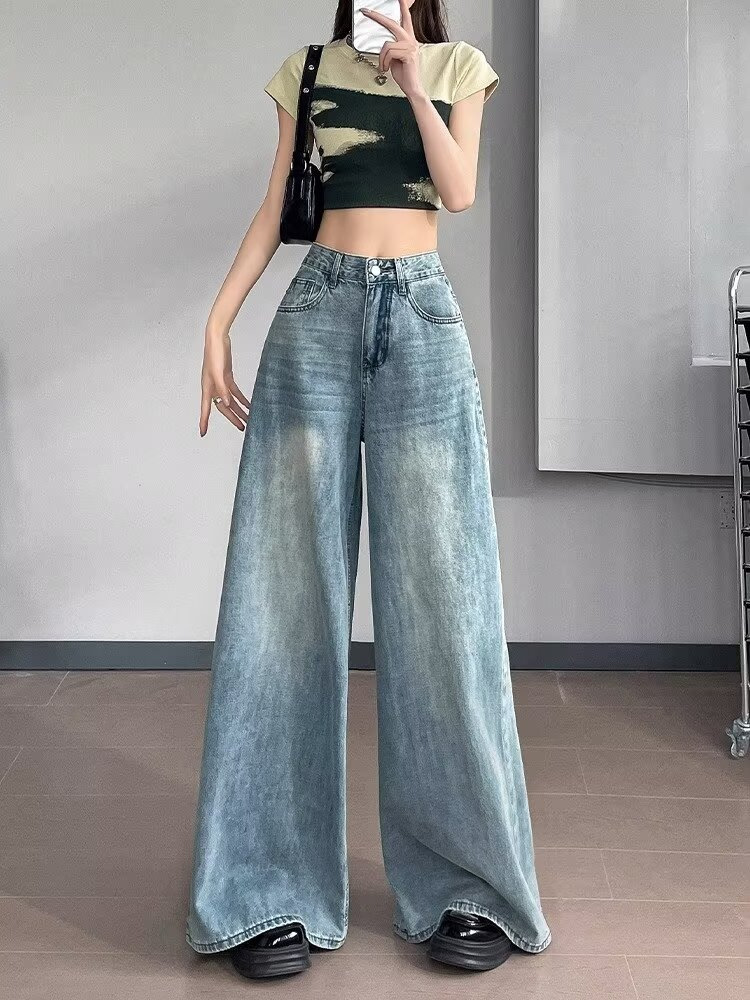 Vintage Wide-Leg Jeans Women's 2024 Summer Thin Loose Straight High Waist Slimming Trendy Drape Pants