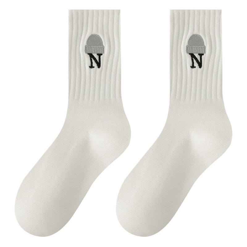 Autumn and winter brown series women's all-match letter mid-calf length socks Zhuji socks solid color stockings basic cotton socks for women