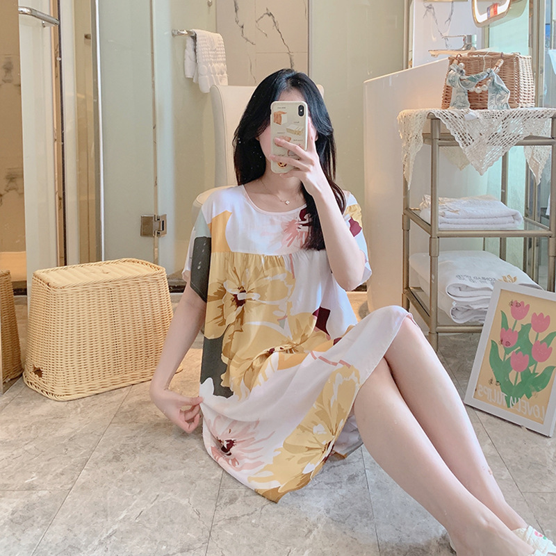 Picture of Cotton Silk Nightgown Women's Spring and Autumn Summer Thin Pajamas Korean Sweet Girls Online Celebrant Live Explosions Home Outwear Skirt